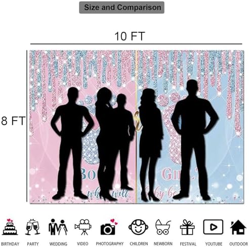 What Will Baby Be? Gender Reveal Backdrop Banner Size 10x8 Ft Pink & Blue Glitter Baby Footprint Design Durable Polyester Photo Booth Background for Boy or Girl Gender Reveal Decorations - Image 5