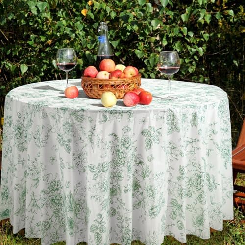 Ganeen 12 Pcs Sage Green Floral Plastic Tablecloth 84 in Spring Round Vintage Flower Tea Party Tablecloth Disposable Green and White Table Covers for Tea Party Birthday Wedding Baby Shower Decoration - Image 4