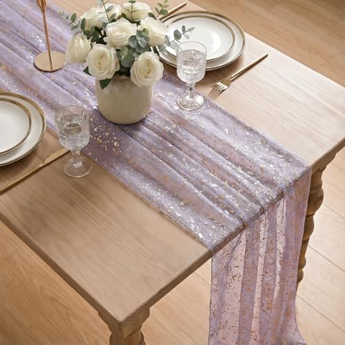 Artoid Mode 10Pcs Grayish Purple Gauze Gold Table Runner 10FT, Glitter Metallic Foil Sheer Dining Wedding Anniversary Holiday Table Decor for Home Party - Image 4