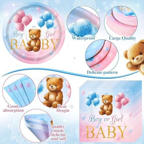 Funnymoom 452 Pcs Bear Themed Gender Reveal Party Decorations for 50, Boy or Girl Gender Reveal Paper Plates Napkins Cups Tablecloth Cutlery Straws for Pink Blue Baby Shower Party Supplies - Image 3