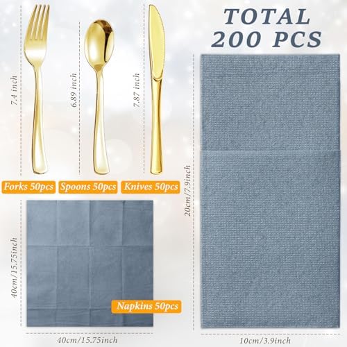 Gueevin 50 Set Linen Napkins with Plastic Cutlery Dusty Blue and Gold - Image 2