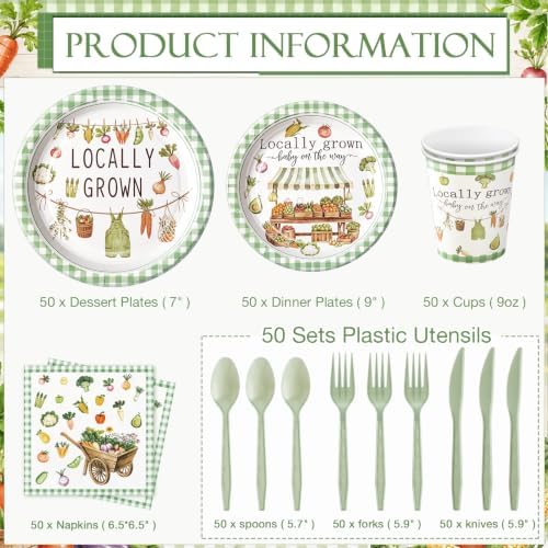 Ziliny 350 Pcs Locally Grown Baby Shower Party Supplies Baby Shower Party Decoration Vegetables Carts Stalls Baskets Market Tableware Set Disposable Plates Napkins Paper Cup Plastic Cutlery Serves 50 - Image 2