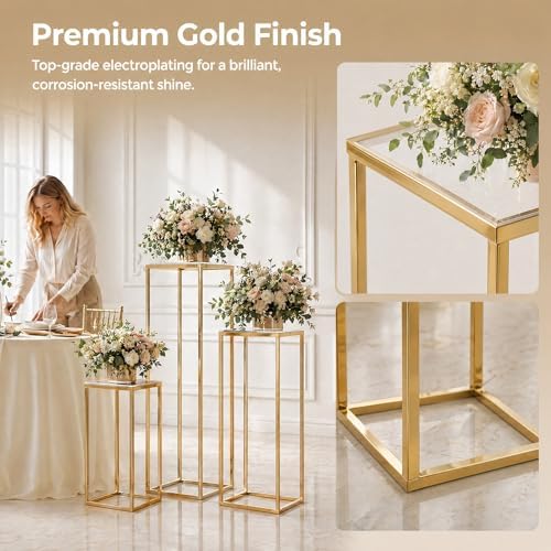 3PCS Square Metal Pedestal Stands, Gold Display Columns for Party Decorations, Wedding Cake Table Stands with Removable Acrylic Top, Sturdy Iron Nesting Riser for Flowers, Vases, and Dessert Displays (23.6", 31.5", 39.3" Heights) - Image 4
