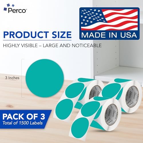 Perco Teal Perforated Round Circle Dot Sticker 3-Inch Labels — 3 Rolls, 1,500 Stickers - Product Labels, Planner Stickers & Modern Branding - Made in USA - Image 2