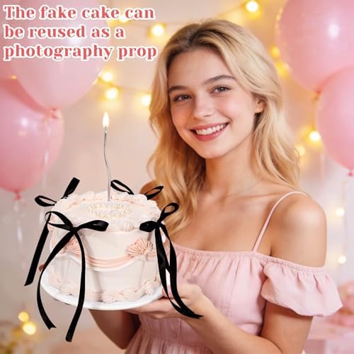 JarThenaAMCS 6 Inch Fake Cake with Black Bows Round Artificial Cake Coquette Dessert Decor for Birthday Wedding Party Display Photo Props Supplies - Image 6