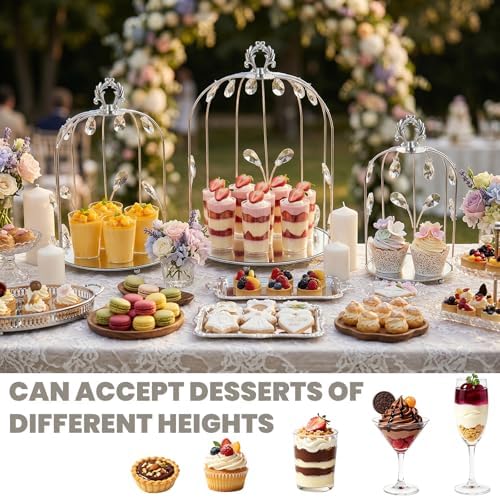 Set of 3 Metal Birdcage Cake Stand Set with Crystal Accents, Elegant Cupcake Holder Display for Wedding, Birthday, Baby Shower, Party Dessert Table Decorations (Silver, Set of 3) - Image 6