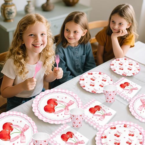 250 PCS Cherry Party Supplies, Service for 50, Cherry Birthday Party Decorations Decor Tableware Set Includes Plates, Napkins, Cups and Forks for Baby Shower Birthday - Image 5