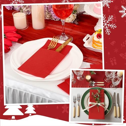 60 Pcs Red Linen-Feel Paper Napkins with Built-in Flatware Pocket, Pocket Linen Napkin Prefolded Cloth Like Paper Napkin Bulk for Anniversay Silverware Birthday Bathroom Wedding Party (Pack of 3) - Image 5