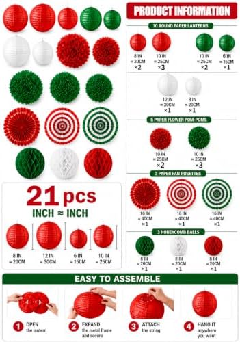 21PCS Red Green White Paper Lanterns Christmas Party Decorations - Image 2