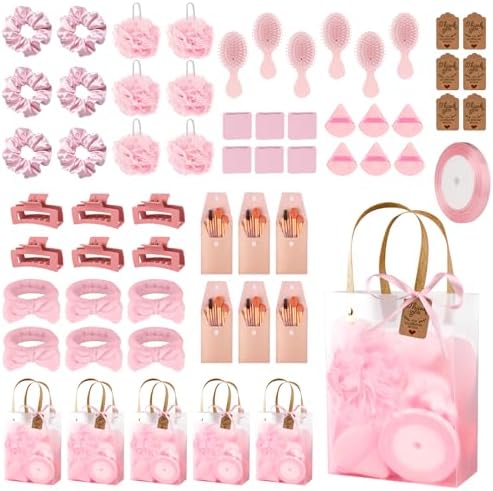 OINETRK 109pcs Baby Shower Prizes for Winners Gifts Baby Shower Favors including Headband Hair Brush Compact Mirror Bath Sponges Powder Puff Hair Tie Claw Makeup Brushes Gift Bag Bridal Shower(Pink) by Unknown