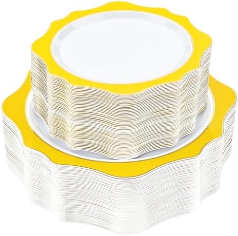 realluck 100Pcs White & Yellow Plastic Plates for 50 Guests by Realluck