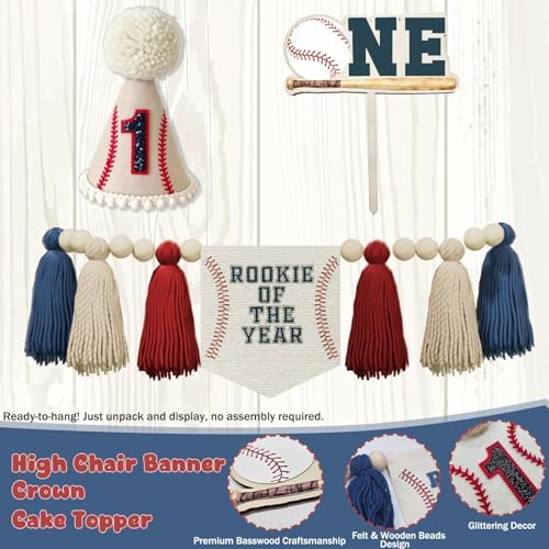Hombae Rookie Year 1st Birthday Decorations, Baseball First Birthday Decor Party Supplies with Balloons Boxes, Highchair & Photo Banners, Crown, Cake Cupcake Toppers, Tablecloth, Backdrop, Poster - Image 5