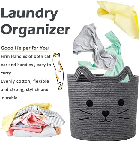 VK VK·LIVING Large Basket for Organizing Cute Animal Storage Baskets Cat Toy Storage Woven Cotton Rope Hamper Organizer for Laundry, Towels, Blanket, Toys, Clothes, Gifts, Pet Bed 15''x14'' - Image 5