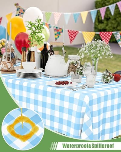 Smiry 12 Packs Gingham Disposable Table Cloth, 54 x 108 Inch Waterproof Plastic Tablecloth, Rectangle Baby Blue and White Checkered Table Covers for Picnic, Birthday, Party - Image 2