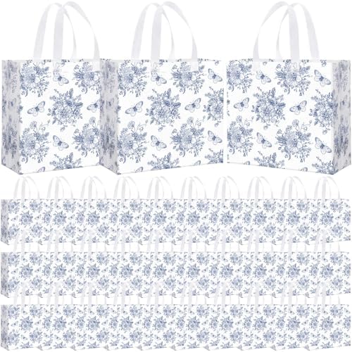 Abbylike 30 Pcs Blue Floral Gift Bags Reusable Large Tote with Handle by Abbylike