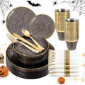 175PCS Black and Gold Plastic Dinnerware Set for 25 Guests, Disposable Plates for Party, Include: 25 Dinner Plates, 25 Dessert Plates, 25 Pre Rolled Napkins with Gold Silverware, 25 Cups by Sykomo