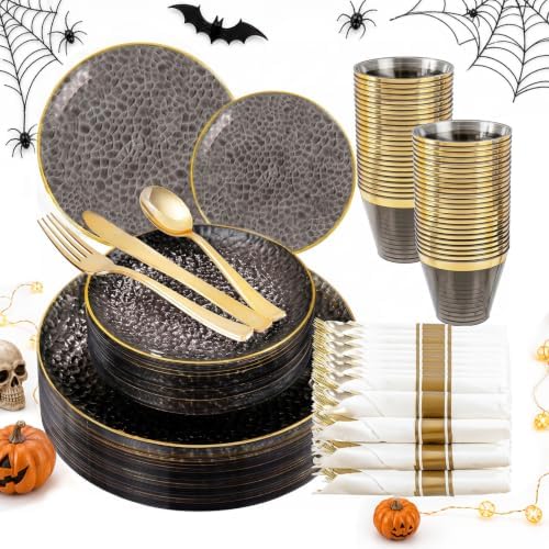 175PCS Black and Gold Plastic Dinnerware Set for 25 Guests, Disposable Plates for Party, Include: 25 Dinner Plates, 25 Dessert Plates, 25 Pre Rolled Napkins with Gold Silverware, 25 Cups by Sykomo