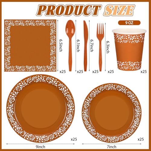 Havawish 177 Pcs Cielito Lindo Party Decoration Platos De Barro Mexicanos Fiesta Tableware Set Mexicanos Talavera Plates Cups Napkins Tablecloths Baby Shower(Terracotta Color,White Flower) - Image 2