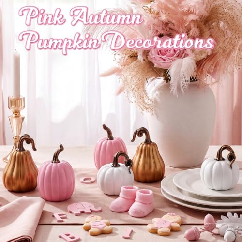 Novabright 6 Pcs Fall Pumpkins Thanksgiving Decor Resin White Pink Gold Pumpkins Small Artificial Harvest Gender Reveal Table Centerpiece Autumn Baby Shower Decor, 4.72 Inch - Image 6