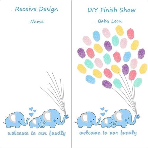 Customized Boys Baby Shower Guest Book Blue Elephants Fingerprint Signature Painting with Wooden Hanger DIY Guest Sign-in Book for Communion Baptism Gift-60x80cm - Image 3