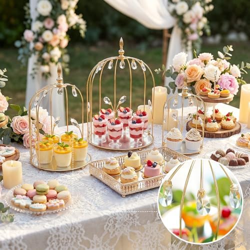 Set of 3 Metal Birdcage Cake Stand Set with Crystal Accents, Elegant Cupcake Holder Display for Wedding, Birthday, Baby Shower, Party Dessert Table Decorations (Gold, Set of 3) - Image 4