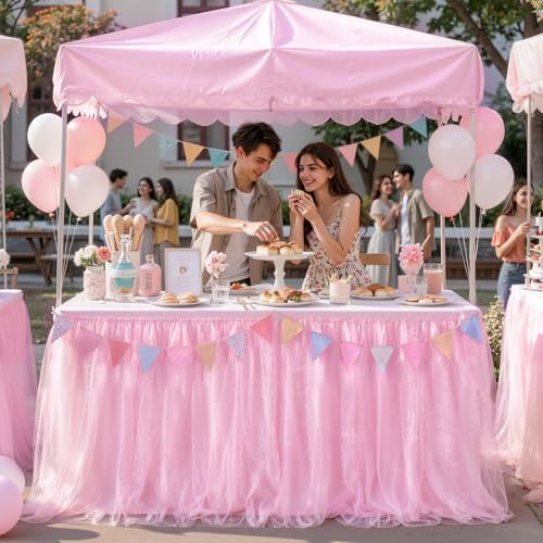 Pink Tulle Table Skirt 14FT Desk Skirt for Classroom Dorm Teacher Desk Back to School Desk Curtain Skirt Ruffle Tutu Shimmer Table Skirting for Birthday Baby Shower Party Cake Dessert Table Decor - Image 3