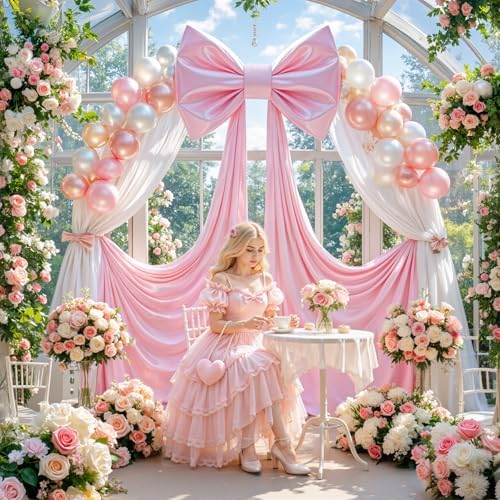Giant Bow for Backdrop Big Pink Bow 80x24x16 Inch Large Satin Ribbon Bow Wall Decor for Wedding Birthday Baby Shower Party Photo Booth, Washable Reusable Fabric Bow for Nursery Bedroom Door Hanging - Image 2