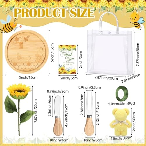 Ferrochef Baby Shower Prizes for Game Winners 6 Set - 43 Pcs Round Bamboo Honey Bee Cheese Board Gift Set with Fake Sunflower Cheese Knife Fork Dish Towel Clear PVC Bag Wedding Bridal Shower Favor - Image 2