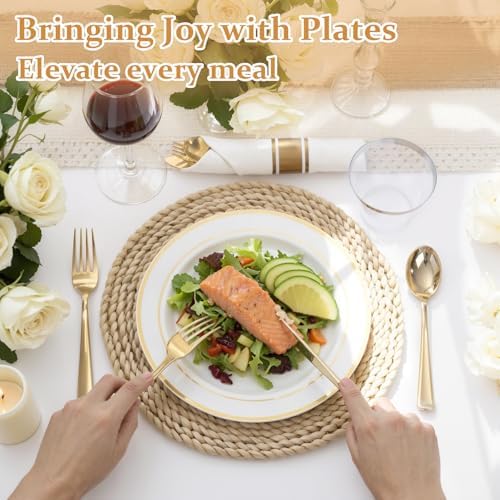 WDF Partyware 350Piece Gold Dinnerware Set for 50 Guests - Gold Plastic Plates with Disposable Cutlery - 50Dinner Plates-50Dessert Plates-50Pre Rolled Napkins with Silverware for Wedding/Birthday - Image 3