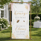 Custom Sweet Honey Bee Baby Shower Sign Personalized Name Date Banner Golden Honeycomb Illustration Meadow Floral Entry Backdrop by Custom