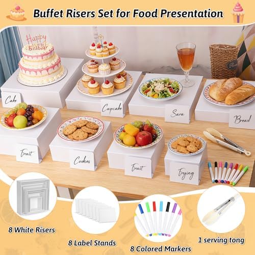 Billbotk 8 Pieces Large Buffet Risers with Label Stands, Serving Tong and Markers for Party, Display Stands for Jewelry Display, Home Display, Table décor(12"/11"/ 10.5" /9.5"/ 8.5" /7.5" 6.8"/ 5") - Image 2