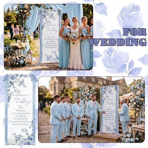 Chinoiserie Floral Wedding Welcome Linen Sign Stand(Blue) - Image 5