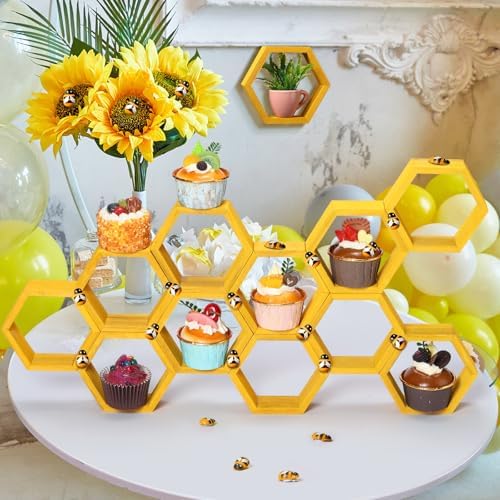 Fairysandy 12 Pcs Mini Honeycomb Cupcake Stand 50 Tiny Wooden Bee, Gold - Image 6