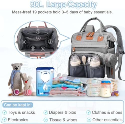 SHITIESHOU Diaper Bag Backpack Baby Bag for Mom Dad with Changing Pad, 19 Pockets, Large Waterproof Travel Baby Girl Boy Toddle Diaper Bag with Insulated Pocket, Baby Shower Gifts, Grey - Image 4