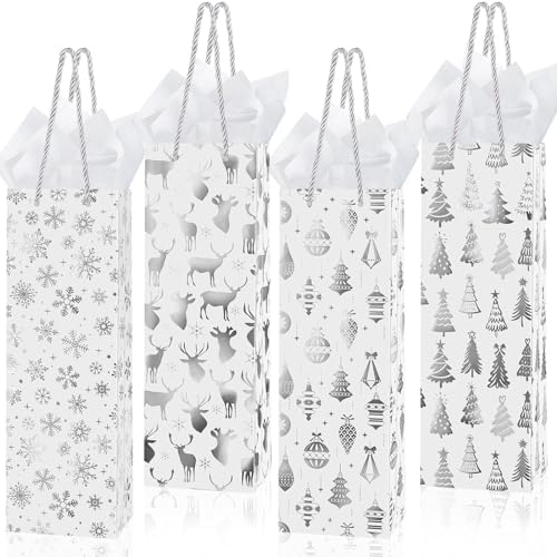 Harloon 32 Pack Wine Bottle Gift Bags with Handles 4 Designs,White, Silver by Muasung