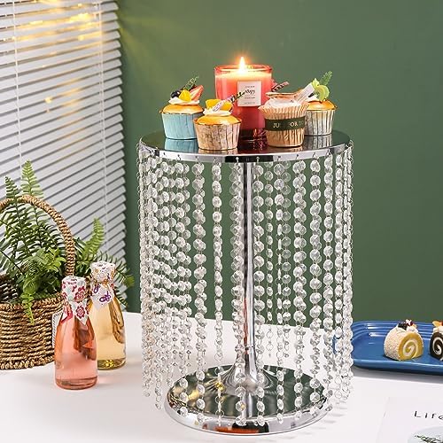 Wedding Cake Stand for Dessert Table 12 Inch Silver Crystal Pendants Metal Cake Stand Serves as A Round Dessert Cupcake Display Plate 16 Inch Tall (Silver) - Image 3