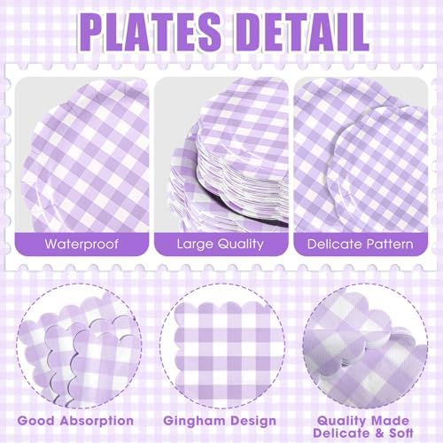 Funnymoom 400 Pcs Gingham Party Supplies for 50 Guests Purple and White Paper Plates and Napkins Knives Spoons Forks Cups Disposable Checkered Dinner Party Set Cutlery for Baby Shower Wedding Favor - Image 2