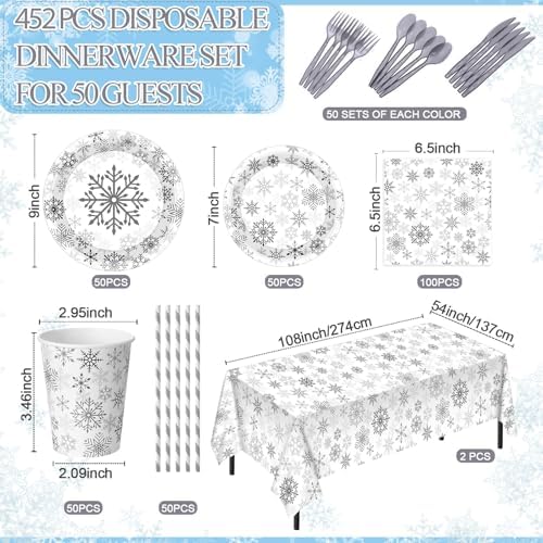 Funnymoom 452 Pcs Silver Winter Snowflake Party Supply 50 Plates Napkin Set - Image 2