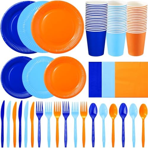 Ziliny 420 Pcs Orange Blue Plates Cups Napkins Sky Blue, Orange by Ziliny