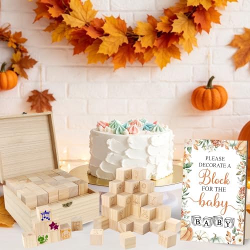 150 Pcs Fall Pumpkin Baby Shower Games Sign Kit, Including a Decorate Game Sign 102 DIY Wooden Blocks, 10 Stencils, 36 Acrylic Markers & Storage Box for Gender Reveal Party Thanksgiving ﻿ - Image 4