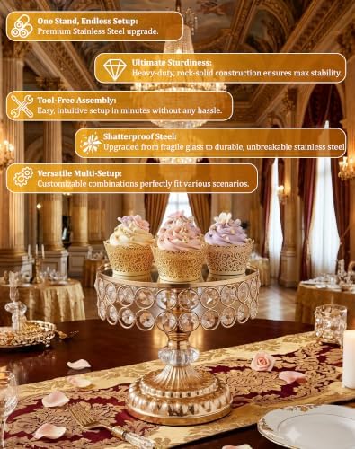 12 Pieces Gold Cake Stand Set, Vintage Cake Display Stand with Crystal Edge and Cupcake Display Tray, Dessert Table Display Set for Wedding Party Baby Shower Anniversary Celebration - Image 5