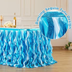 Wish Care 17ft Blue Sequin Table Skirt for Rectangle Tables Fringe Ocean Tutu Skirts Sea Baby Shark Ruffle Tablecloth Teacher Desk Skirt for School Classroom Birthday Baby Shower Party Table Decor - Image 3