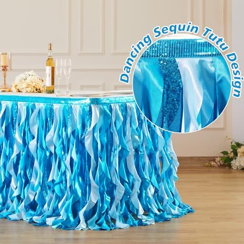 Wish Care 17ft Blue Sequin Table Skirt for Rectangle Tables Fringe Ocean Tutu Skirts Sea Baby Shark Ruffle Tablecloth Teacher Desk Skirt for School Classroom Birthday Baby Shower Party Table Decor - Image 3
