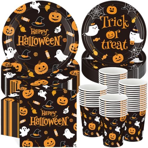 250 Pcs Halloween Party Supplies, Paper Plates Napkins and Cups, Black by Ziliny