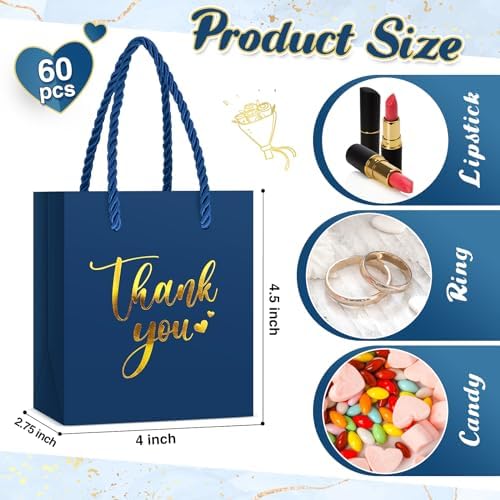 Honoson 60 Pcs Mini Thank You Gift Bag with Handle Bulk,Navy Blue - Image 4