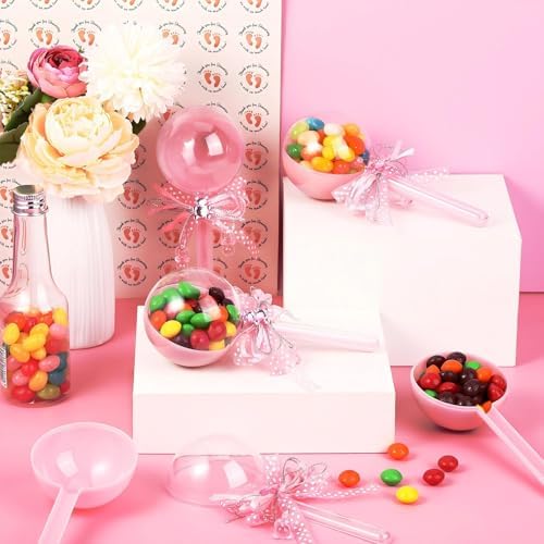 30 Pcs Rattle Party Favors Shower Bottles with Bow Crystal Bear Pacifier Ornament Pink Fillable Rattle Plastic Candy Bottle and 56 Thank You Label Stickers for Birthday Gift Decoration - Image 5