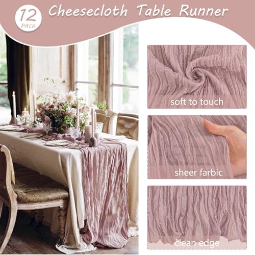 12 Pack 10Ft Cheesecloth Table Runner 35x120 Inch Boho Gauze Rustic Cheese Cloth Long Romantic Table Runner for Wedding Bridal Shower Birthday Party Table Decor (Dusty Pink) - Image 4