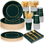 Jinei 175 Pcs Green Blue Tartan Plaid Baby Shower Plates and Napkins Tableware Baby Shower Decoration, Disposable 9/7 Inch Tartan Plates Gold Utensils 9 oz Cups for We Can Bearly Wait Party, Serve 25 by Jinei