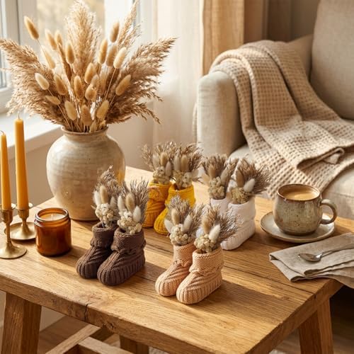 4 Pairs Baby Shower Table Decorations with Dried Pampas Grass Bouquet Gender Reveal Party Decor Bulk Boho Table Centerpieces Crochet Knitted Baby Booties - Image 5