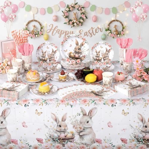 452 Pcs Bunny Birthday Party Decorations for 50 Guests, Pink Floral Bunny Paper Plates and Napkins Cups Cutlery Rabbit Disposable Tableware Set for Spring Baby Shower Birthday Supplies - Image 6